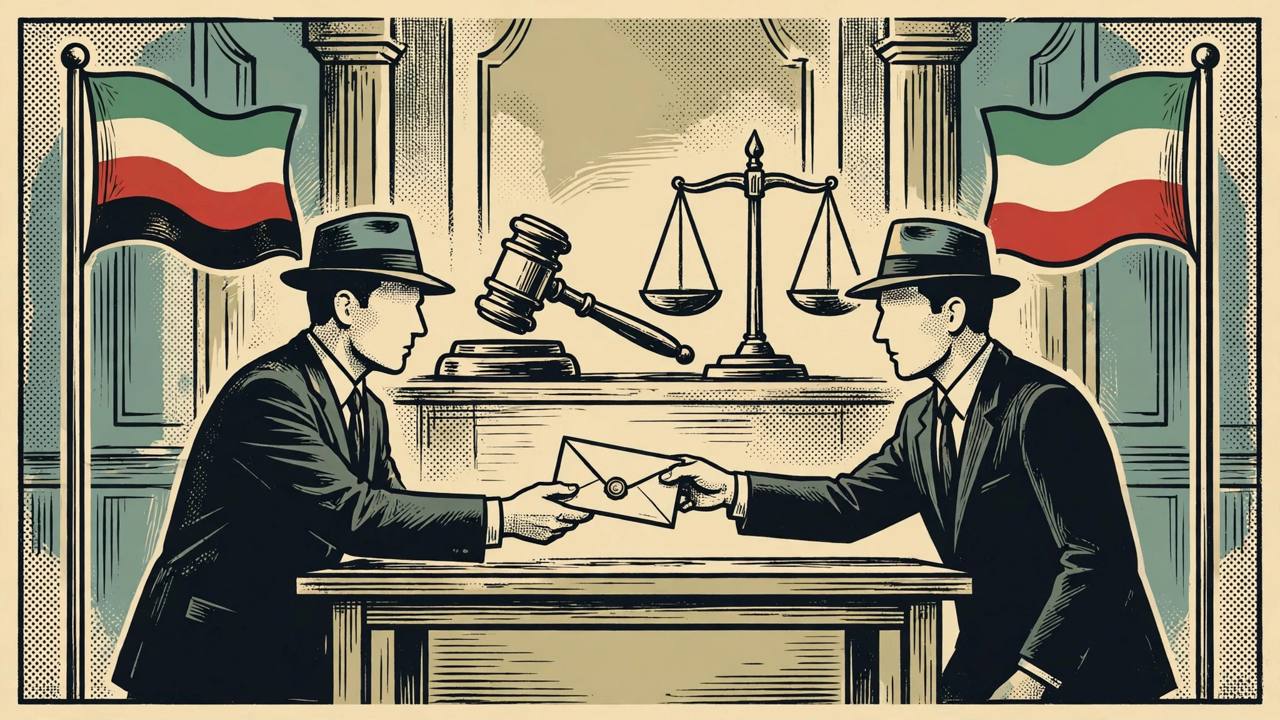 Editorial illustration of two diplomats exchanging a sealed protest note across a table with a gavel and scales of justice behind them, generic figures only, no real person depicted