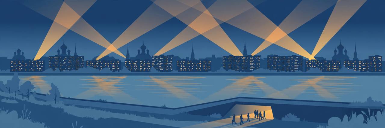 Editorial illustration of a generic Kyiv skyline at dusk across a wide river, with searchlights in the sky and residents heading to a shelter