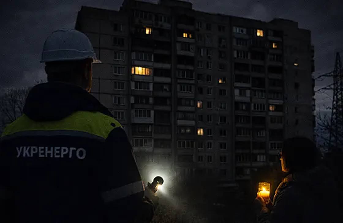 Energy worker silhouetted before a dark apartment block with a few lit windows during a power outage in Ukraine