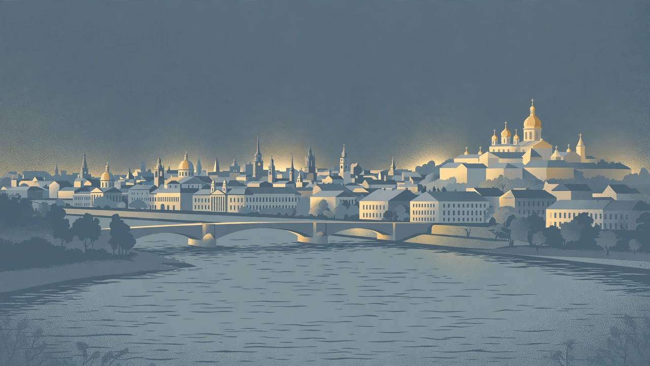 Editorial illustration of a generic European capital skyline at dusk across a river, with golden-domed monastery buildings in the distance — no incident, weapon or person depicted