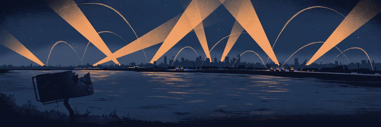 Editorial illustration of a city skyline beside a river at dusk with air-defence lights in the sky