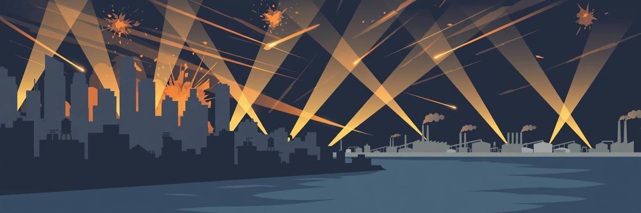 Editorial illustration of a riverside city skyline at night with air-defence lights and explosions high in the sky
