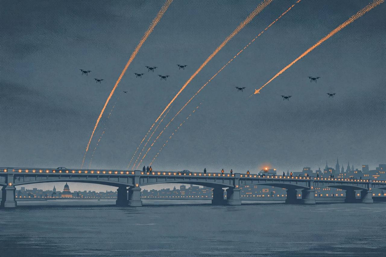 Editorial illustration of a generic river bridge in a capital city at night under drones and missile trails