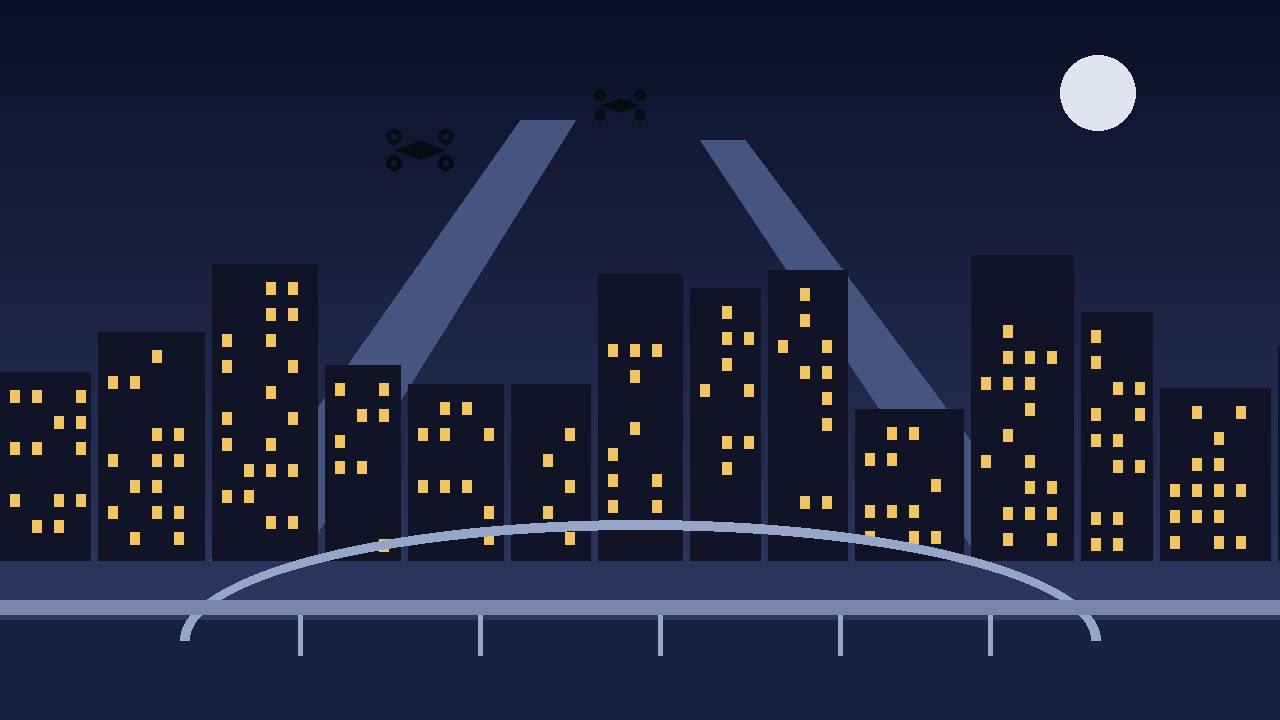 Editorial illustration of a generic European capital skyline at night with searchlight beams and a river bridge, flat style, no text, no real person depicted