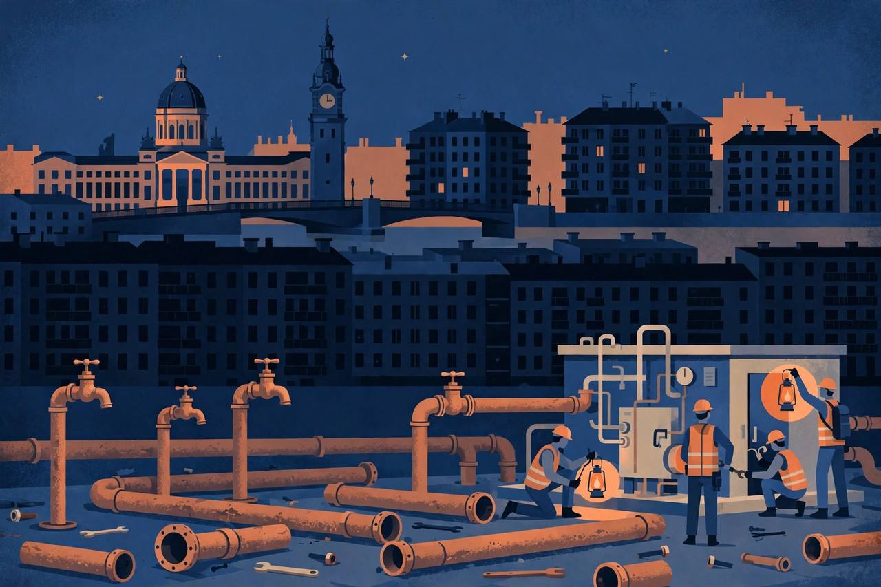 Editorial illustration of a darkened European capital at night, with dry taps in the foreground and repair crews working on a water pumping station by lantern light