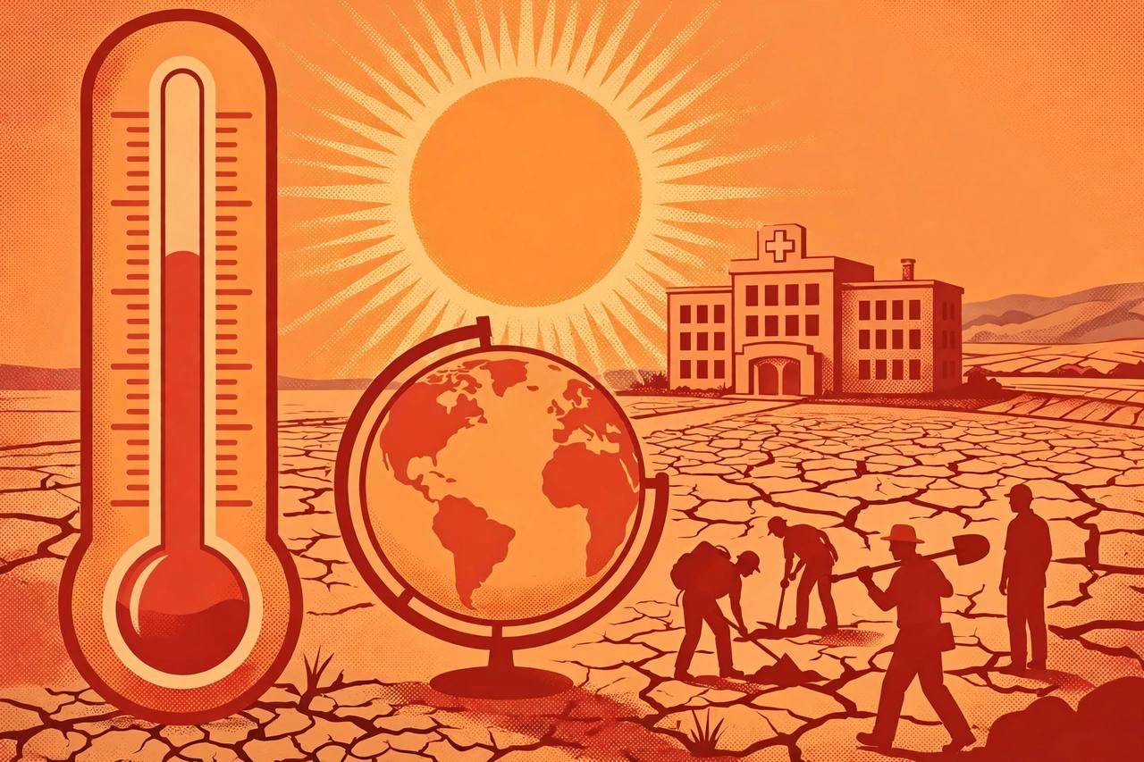 Editorial illustration of a thermometer, a globe under a hot sun, a hospital and drought-cracked farmland