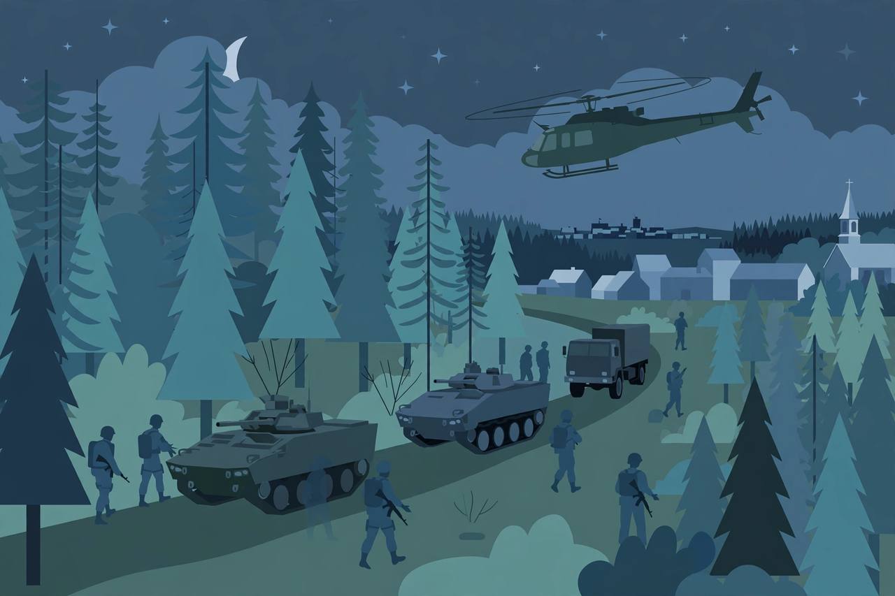 Editorial illustration of a NATO multinational military convoy and a helicopter moving at night across a forest road in eastern Latvia