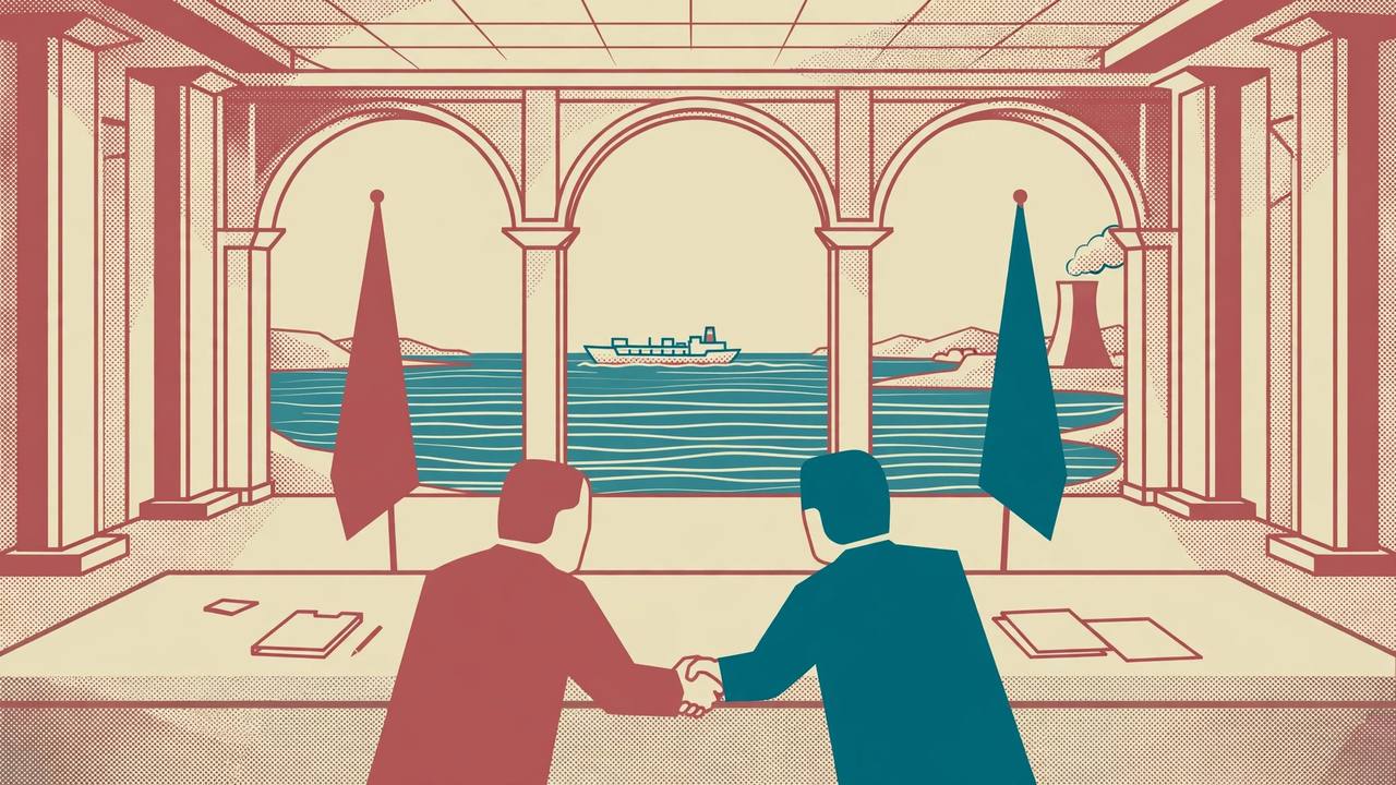 Editorial illustration of two generic officials seen from behind shaking hands across a conference table, with a stylised nuclear power plant and a tanker in a strait in the background — no real person, place or flag depicted