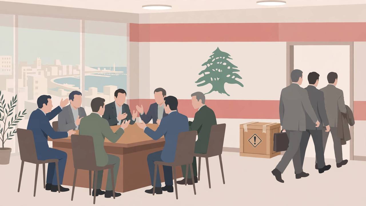Editorial illustration of generic ministers debating around a cabinet table in Beirut, one group walking out, generic figures only