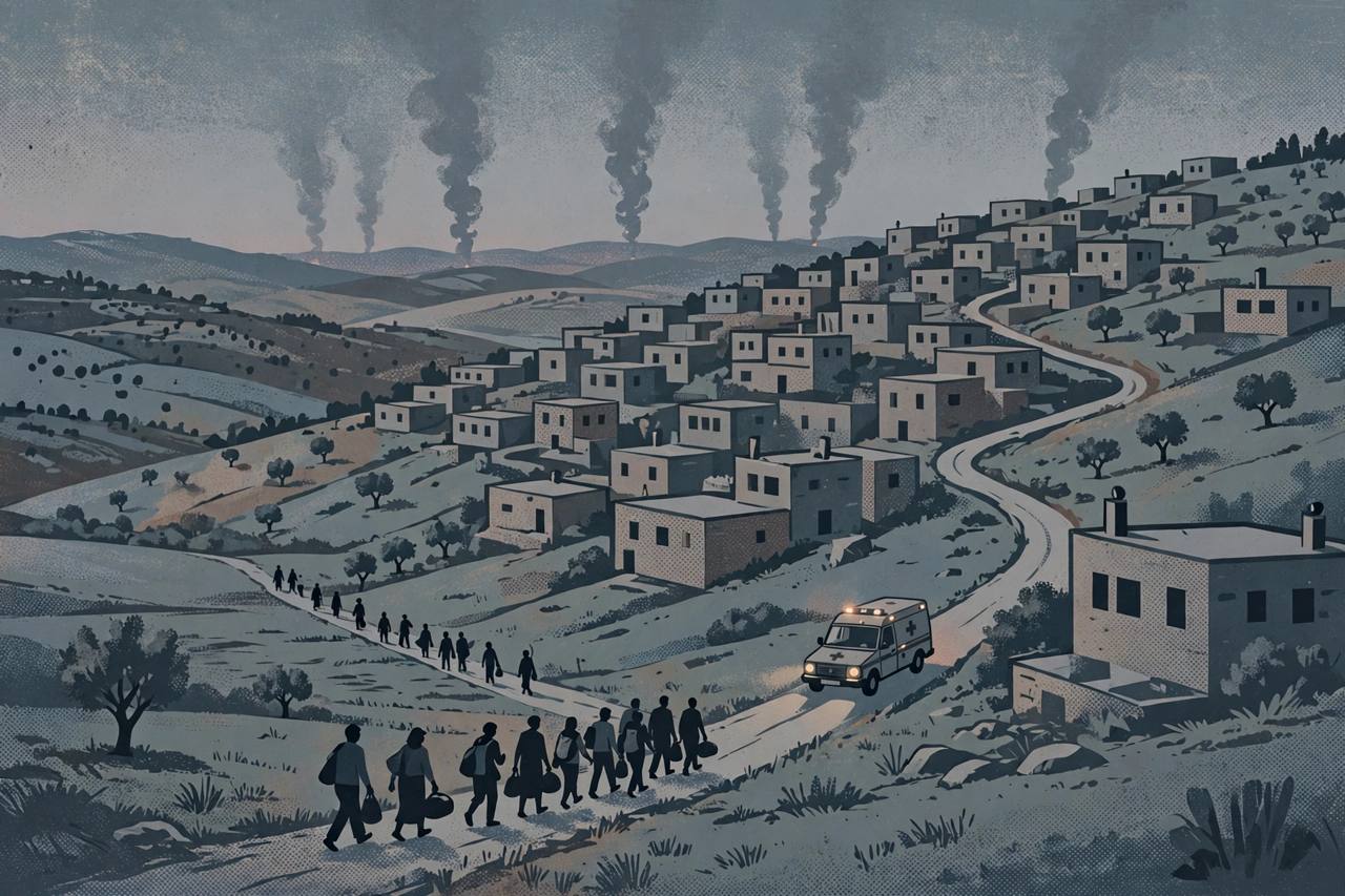 Editorial illustration of a southern Lebanon hillside village at dusk with distant smoke, an ambulance and residents leaving their homes
