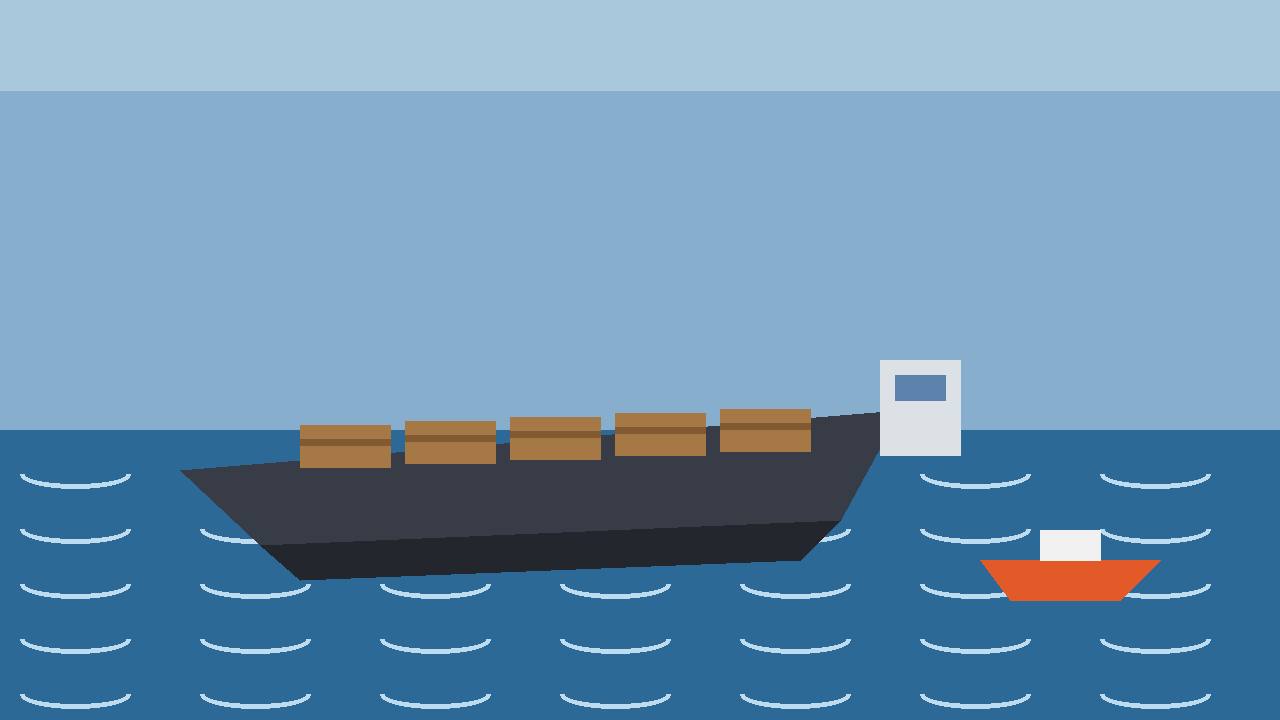 A timber-laden cargo ship listing at sea with a small rescue boat nearby (editorial illustration)