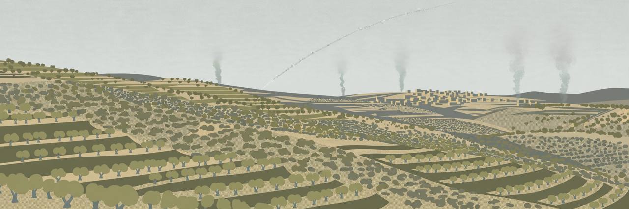 Editorial illustration of southern Lebanon hill country with terraced olive hills, a generic distant town and thin smoke columns rising in the distance — flat style, no real person depicted