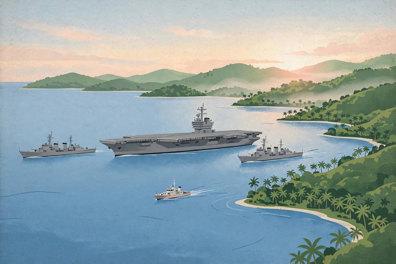 Editorial illustration of an aircraft carrier group sailing through a tropical strait with a Philippine patrol vessel following at a distance