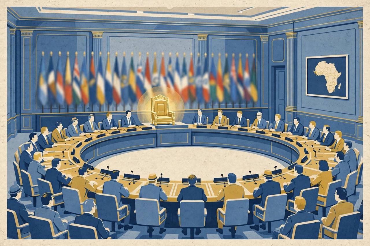Editorial illustration: generic diplomats seated around the UN Security Council horseshoe table with the president's chair highlighted and national flags in the background