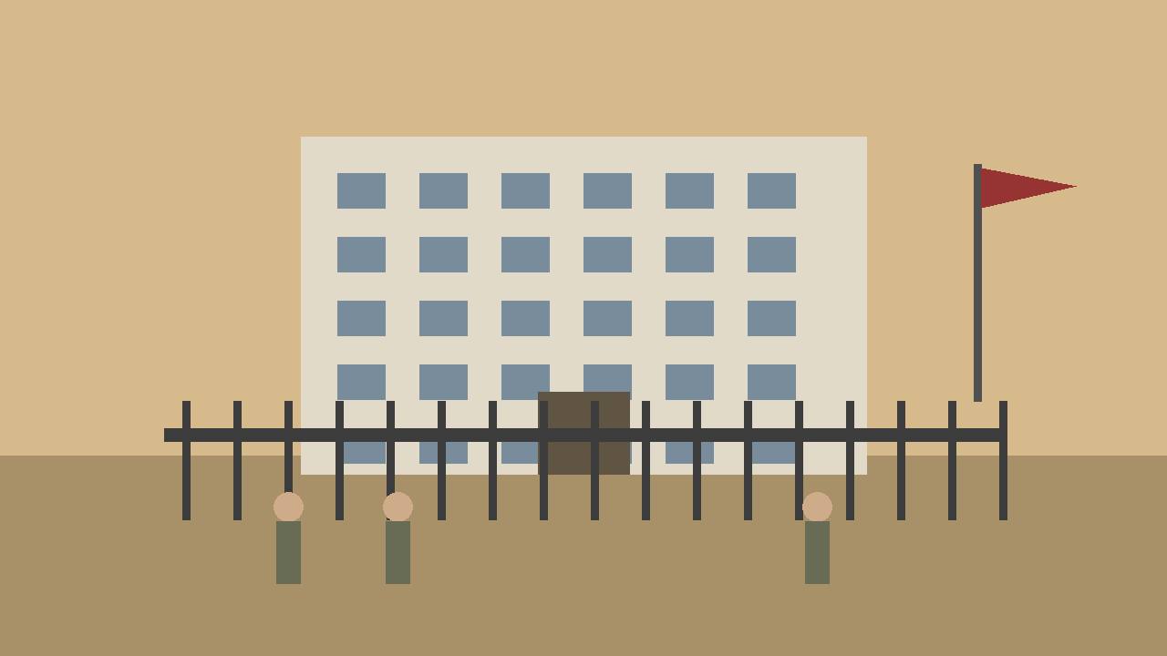 Editorial illustration of a generic government office block behind a closed gate in warm light — no real place, person or incident depicted