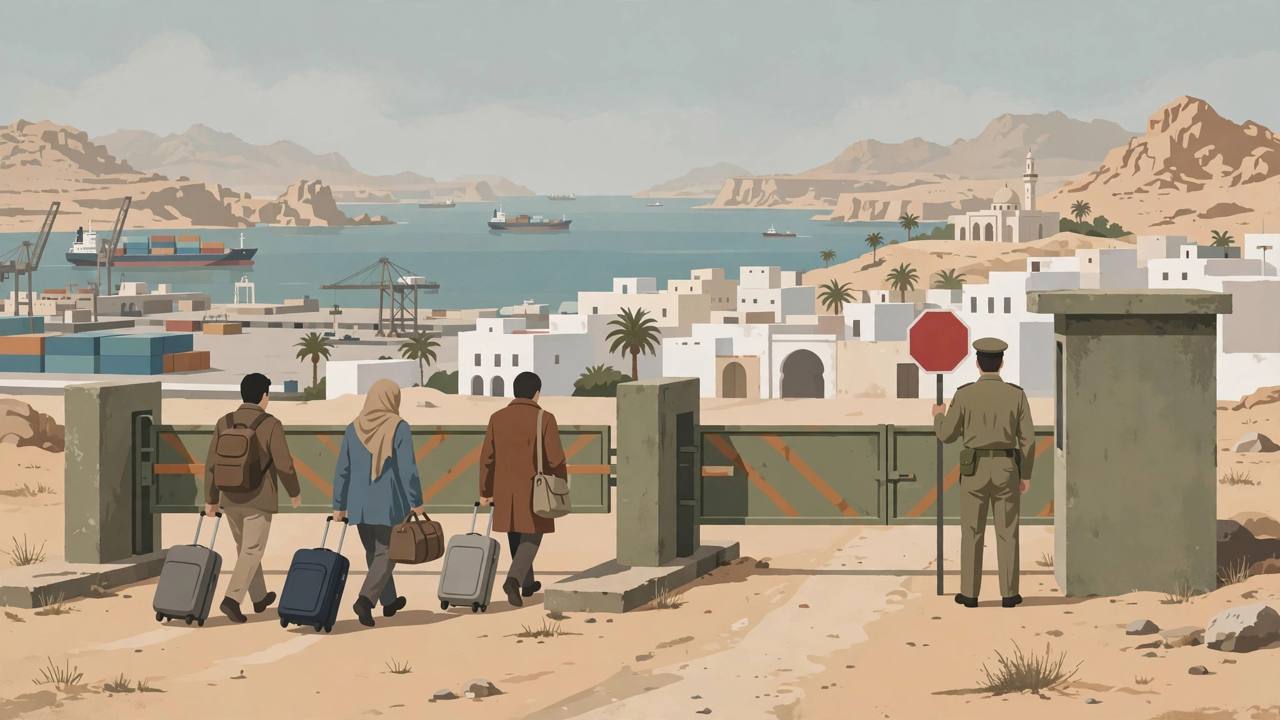 Editorial illustration of a closed border checkpoint gate in a North African desert port city, a generic officer with a stop sign, travellers turned away and cargo ships in the Mediterranean behind (Editorial illustration)