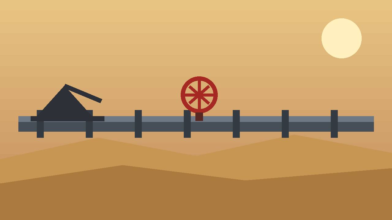 Editorial illustration of a generic desert oil pipeline with a large red valve wheel and a pumpjack — no real place or incident depicted