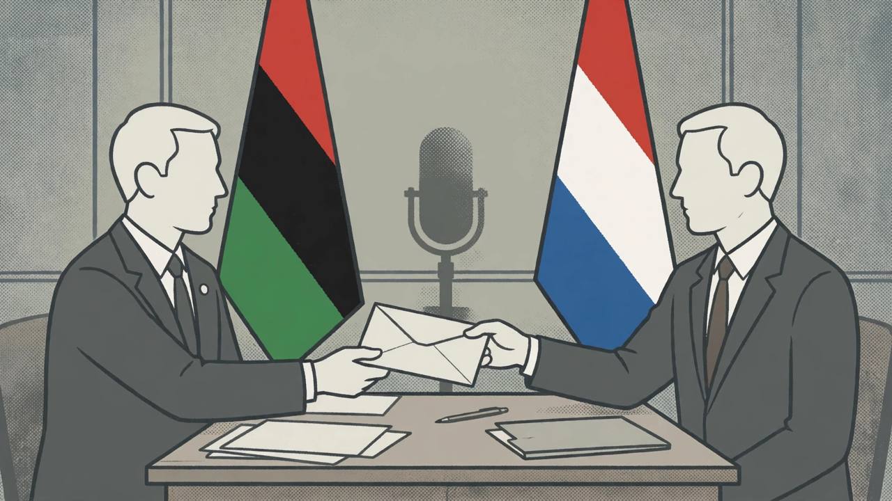 Editorial illustration of a generic official handing a protest letter to another generic official across a desk, with abstract flags behind them - flat style, no real person shown