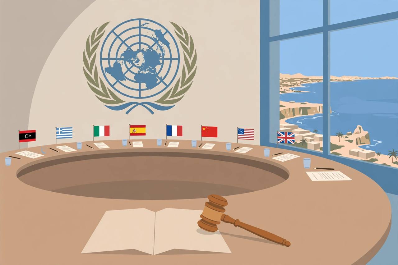 UN Security Council chamber with the Libya mission mandate document. (Editorial illustration)