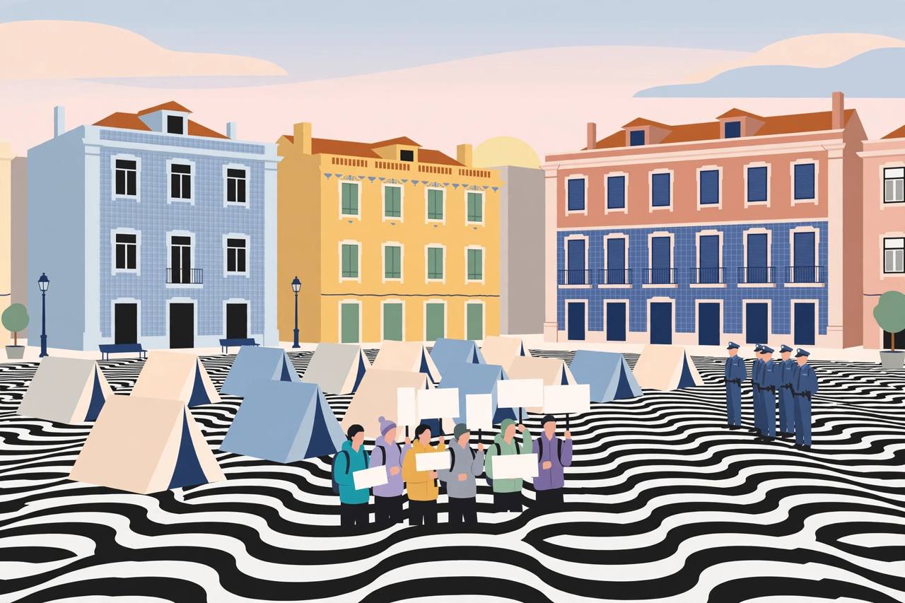 Editorial illustration of a city square at dawn with rows of small protest tents, generic young demonstrators with blank placards and generic police officers nearby, in a Lisbon-style tiled square