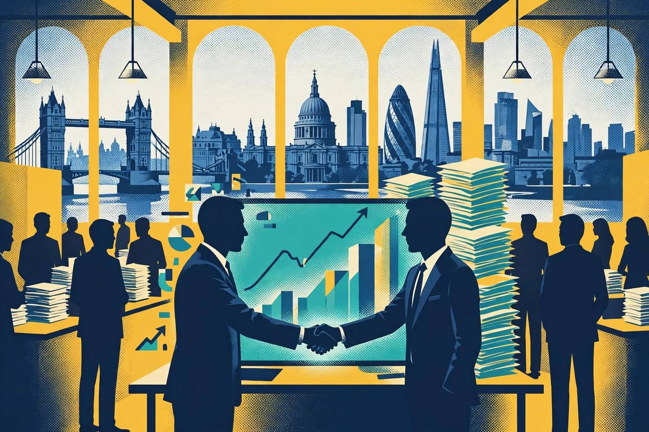 Editorial illustration of a stock-exchange deal: figures shaking hands over glowing credit-data charts in London
