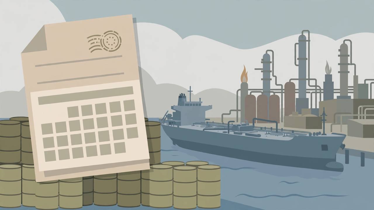 Editorial illustration of a generic oil refinery, tanker ship and licence document with a calendar, flat style, no readable text, no person depicted