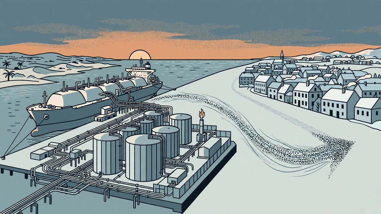 Editorial illustration of an LNG tanker at a generic Gulf gas terminal at dusk with snowy European rooftops in distance, flat style, no text, no real person depicted