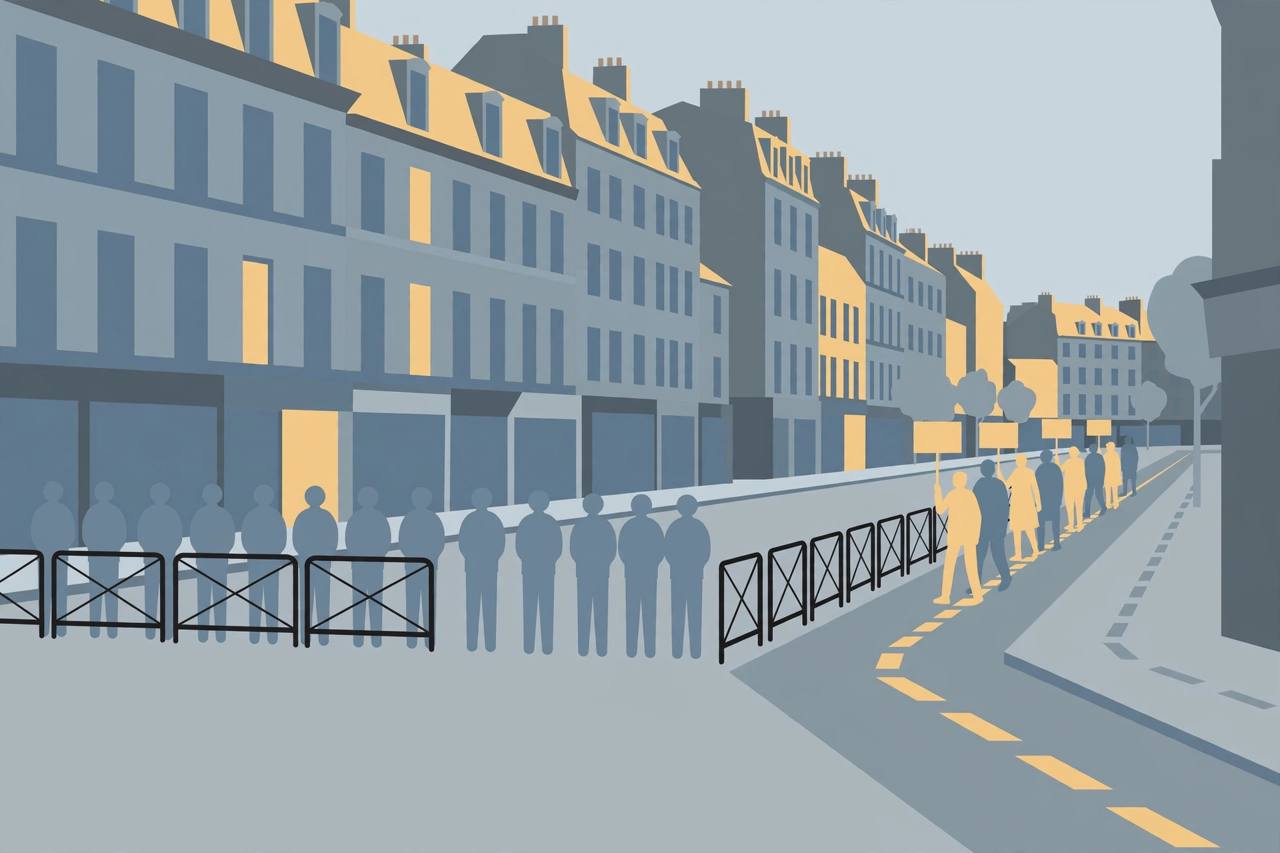 Editorial illustration of a European city boulevard with closed shops, a line of generic figures behind barriers and a small orderly march with blank placards on a marked route — no real place or person depicted
