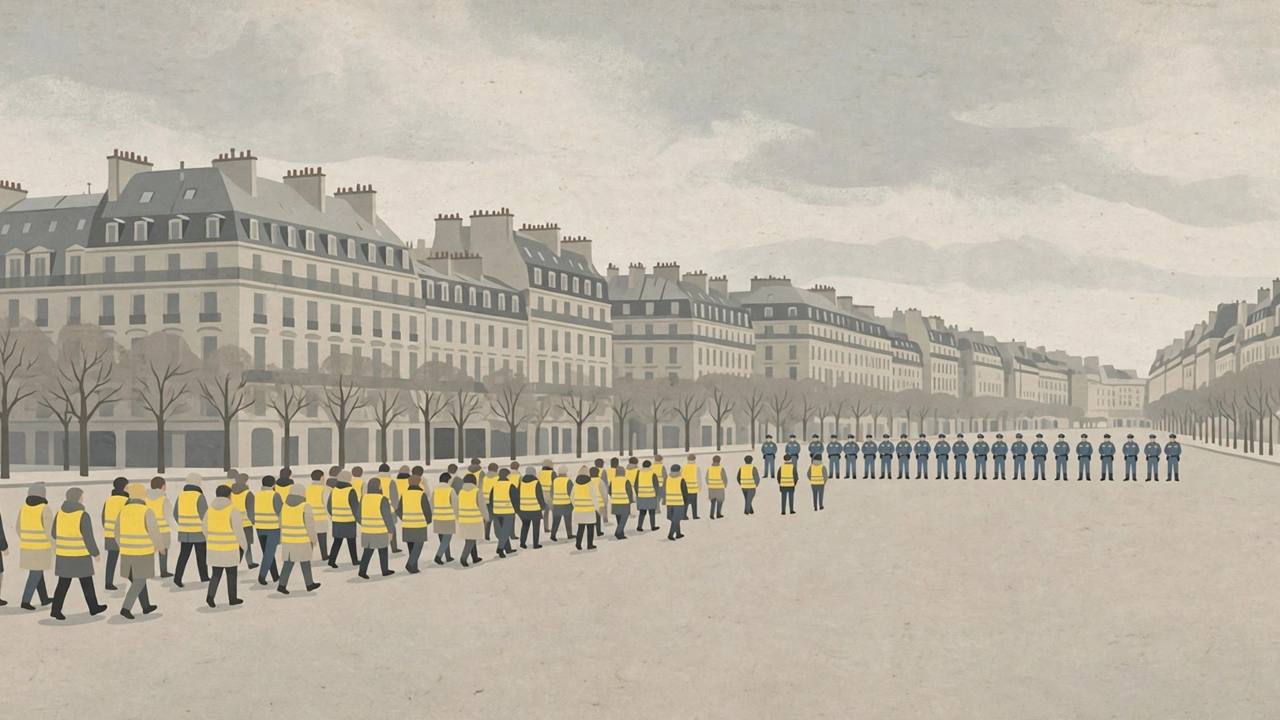 Editorial illustration of generic Yellow Vest protesters facing a police line on a wide Paris boulevard