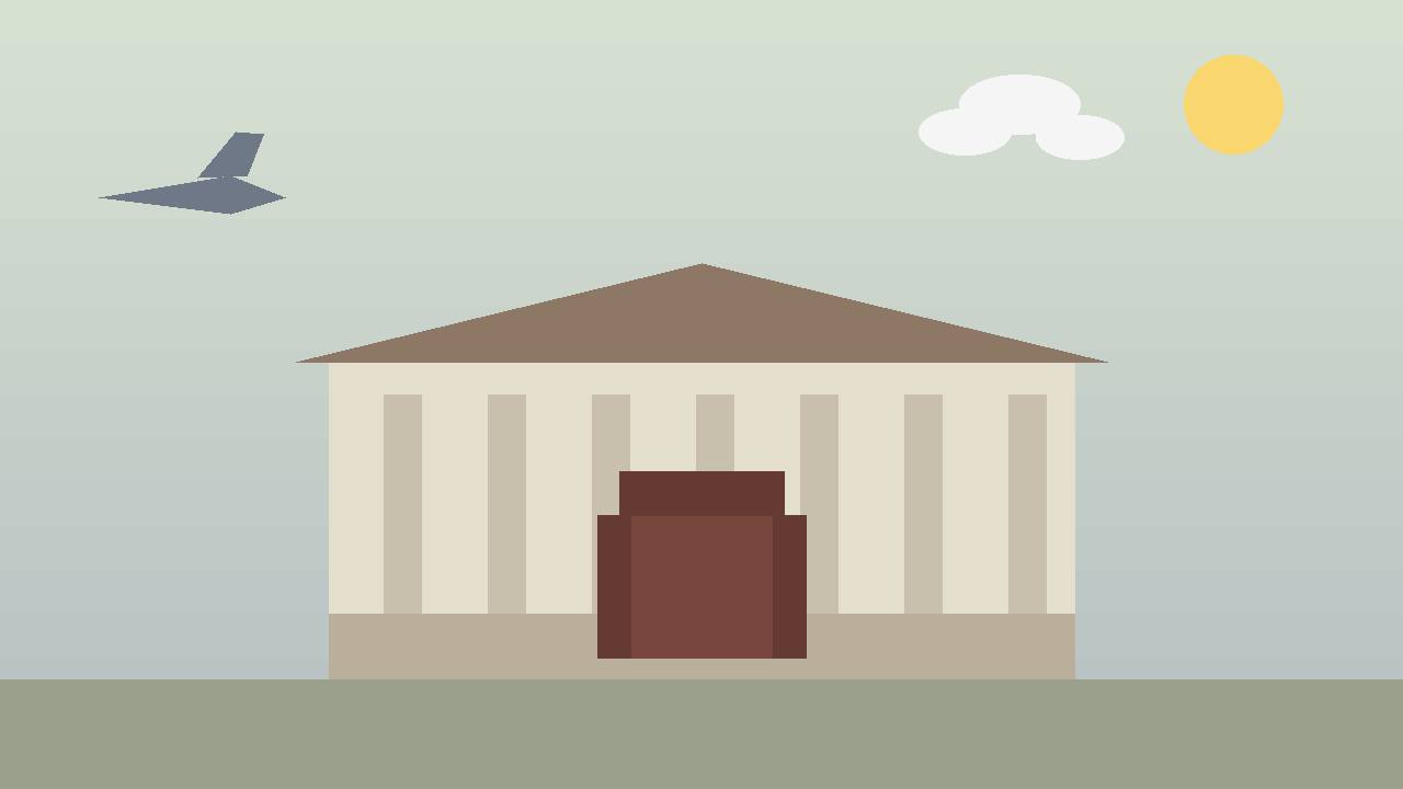 Editorial illustration of a generic government building with an empty presidential chair and a distant aircraft — flat style, no real person depicted
