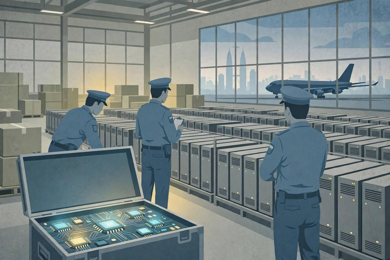 Editorial illustration: customs officers inspecting computer server units with glowing AI chips inside an airport cargo warehouse, a cargo plane visible through the window