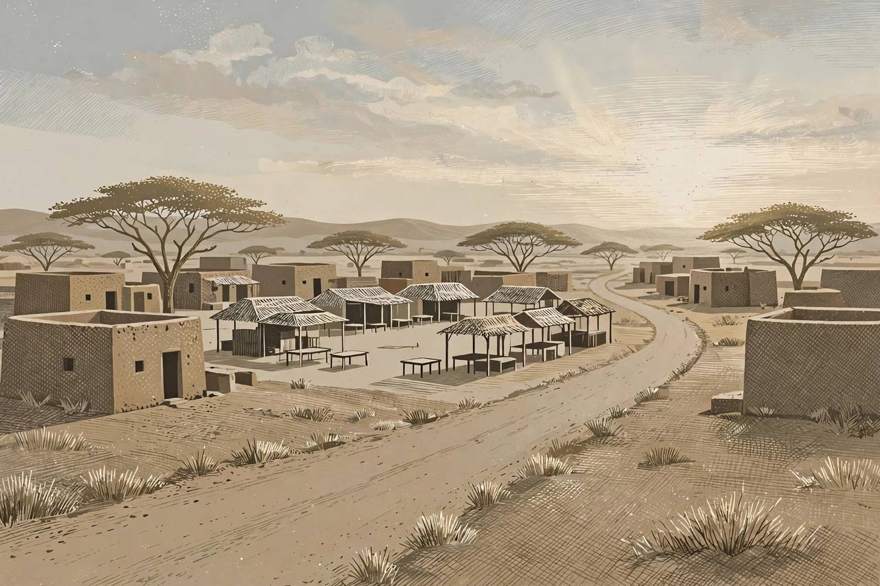 Editorial illustration of a quiet Sahel village in eastern Mali at dawn, with mud-brick houses, an empty market square and acacia trees, flat editorial style, no people, no text