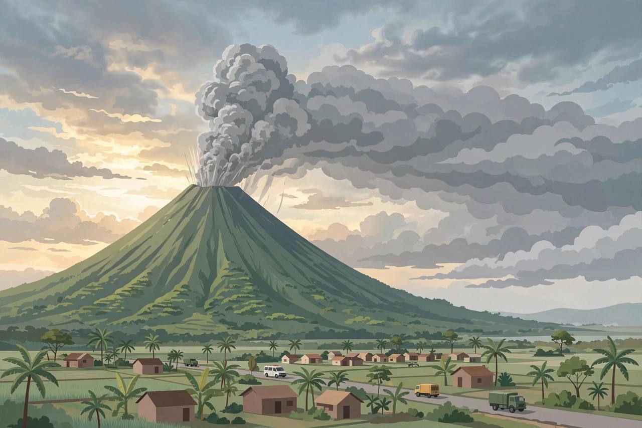 Editorial illustration of Mayon volcano erupting with a tall ash plume over Albay province in the Philippines