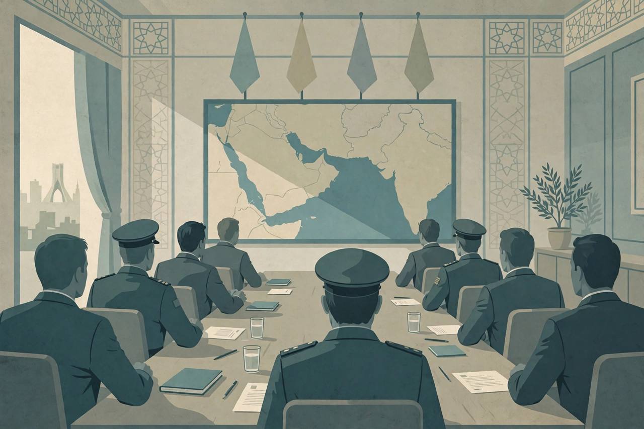 Editorial illustration: generic silhouetted officials from behind at a long conference table with muted generic flags and a Gulf map on the wall - flat style, no real person shown