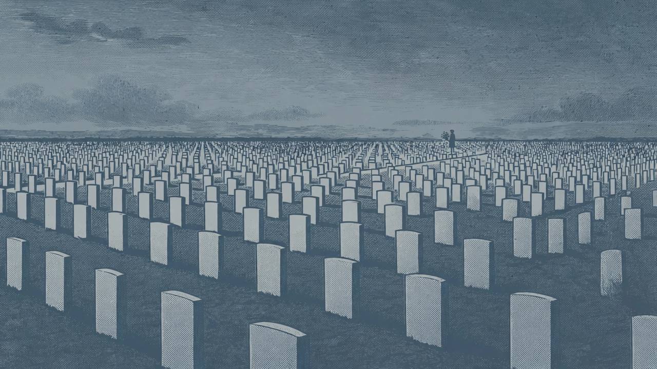 Editorial illustration of long rows of plain unnamed grave markers stretching to the horizon at dusk in muted grey and blue tones, with one generic silhouetted figure holding flowers in the distance - flat style, respectful, no real person shown and no violence depicted
