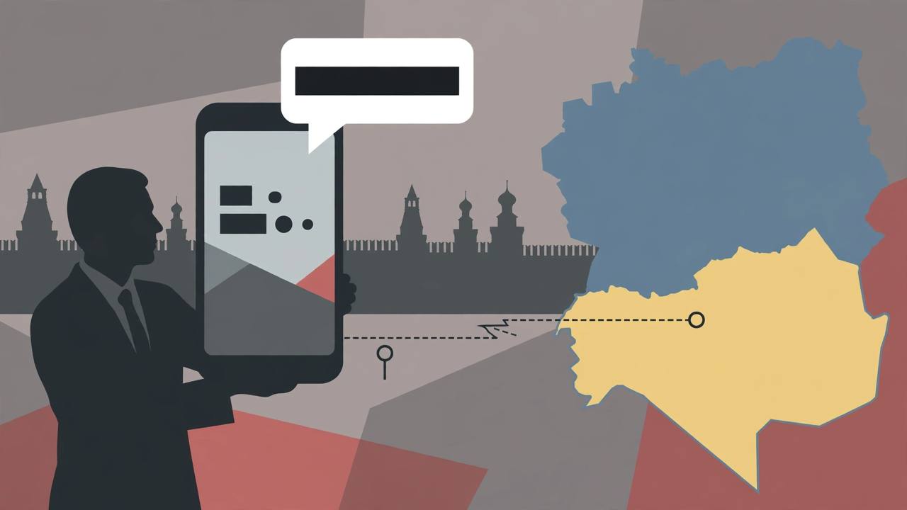 Editorial illustration of a generic official's silhouette posting on an oversized phone with a redacted speech bubble, a distant Kremlin-like wall and a broken telephone line between two capitals — flat style, no real person depicted, no violence shown