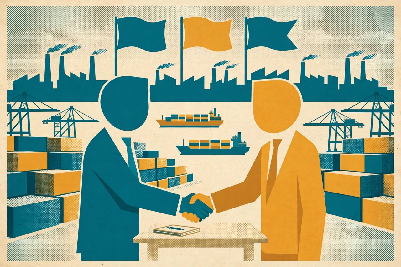 Editorial illustration of two generic leaders shaking hands with shipping containers, cargo ships and factories behind them