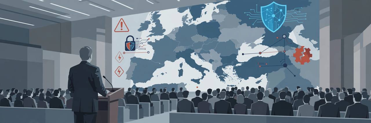 Editorial illustration of a generic German leader addressing a party conference in Munich, with a stylised European map behind him