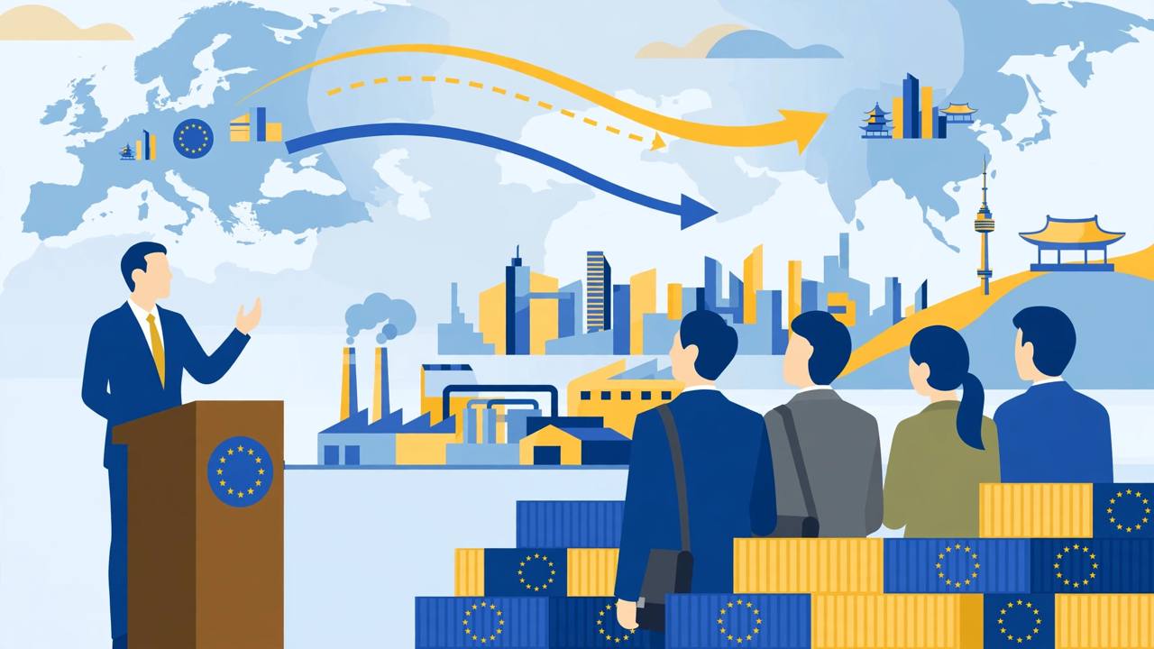 Editorial illustration of a generic European leader at a podium in Seoul with Asian trade delegates, cargo containers and a factory behind him