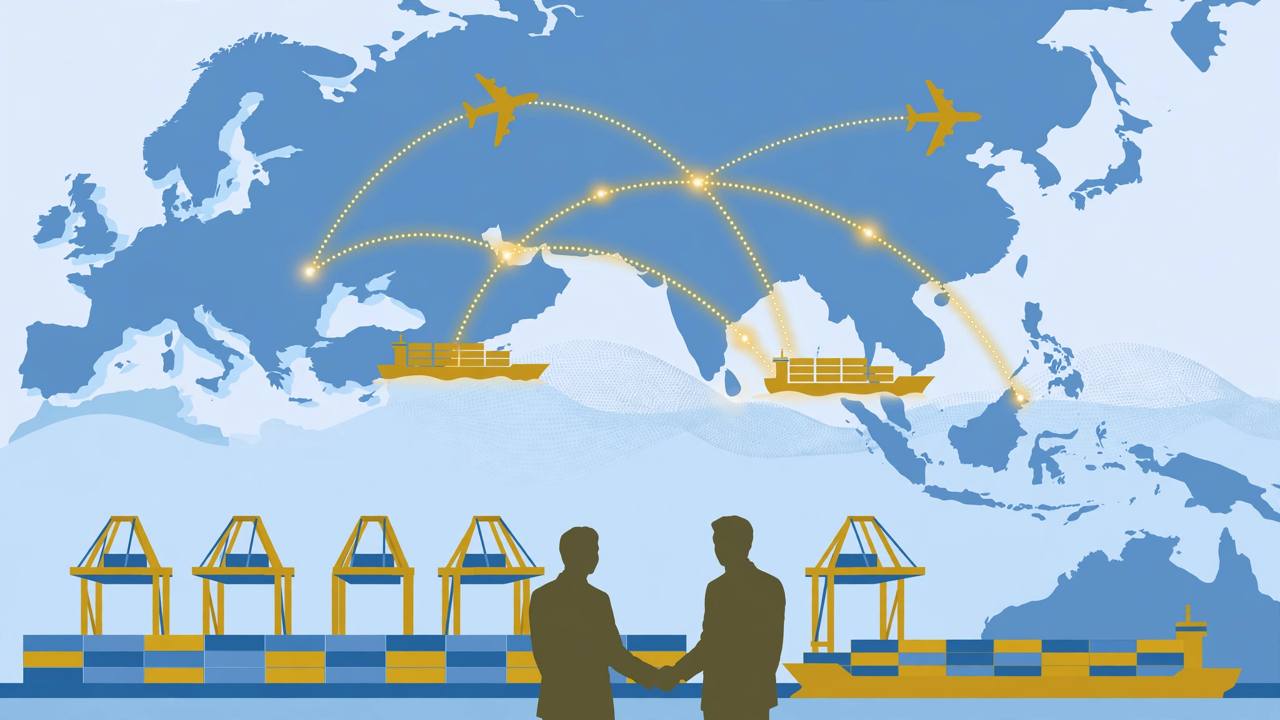 Editorial illustration of Europe-Asia trade routes with container ships, port cranes and two generic figures shaking hands