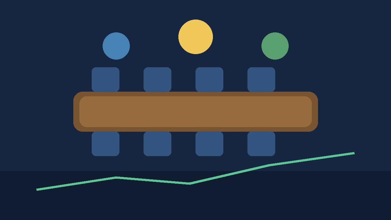 Editorial illustration of an empty negotiating table with chairs and abstract shapes, no people