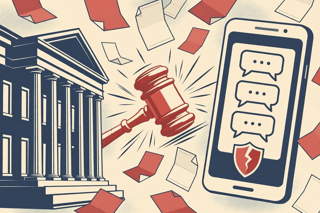 Editorial illustration of a courthouse, a judge's gavel and a giant smartphone with a cracked shield, representing the record $25 billion privacy fine imposed on Meta in New Mexico
