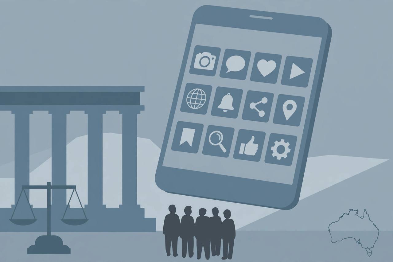 Editorial illustration of a giant smartphone with generic social media tiles looming over small silhouetted generic figures seen from behind, beside courthouse pillars and scales of justice, with an outline of Australia — no real person or child depicted