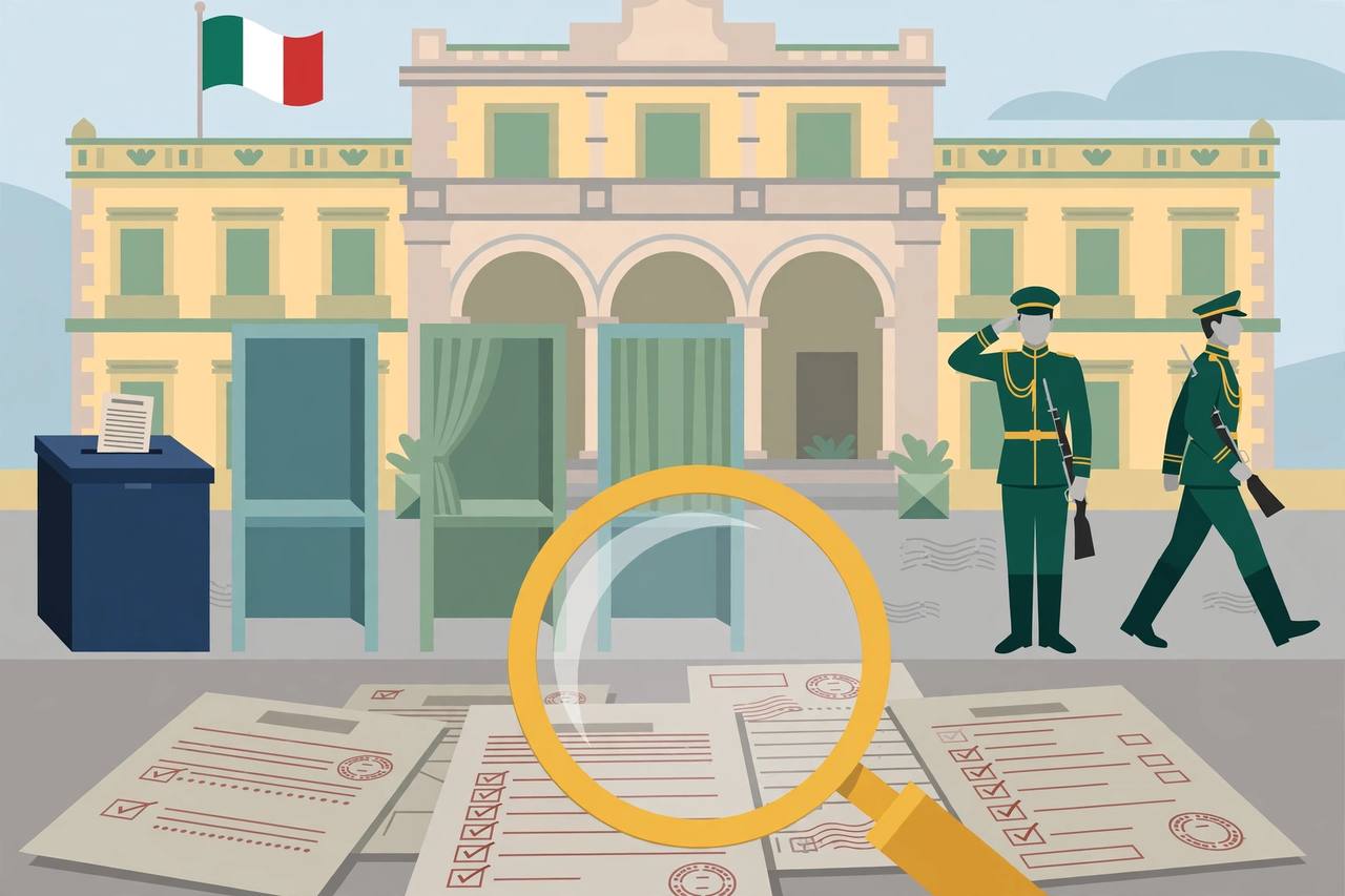 A ballot box and voting booths outside a Mexican government building, with officials changing guard (editorial illustration)