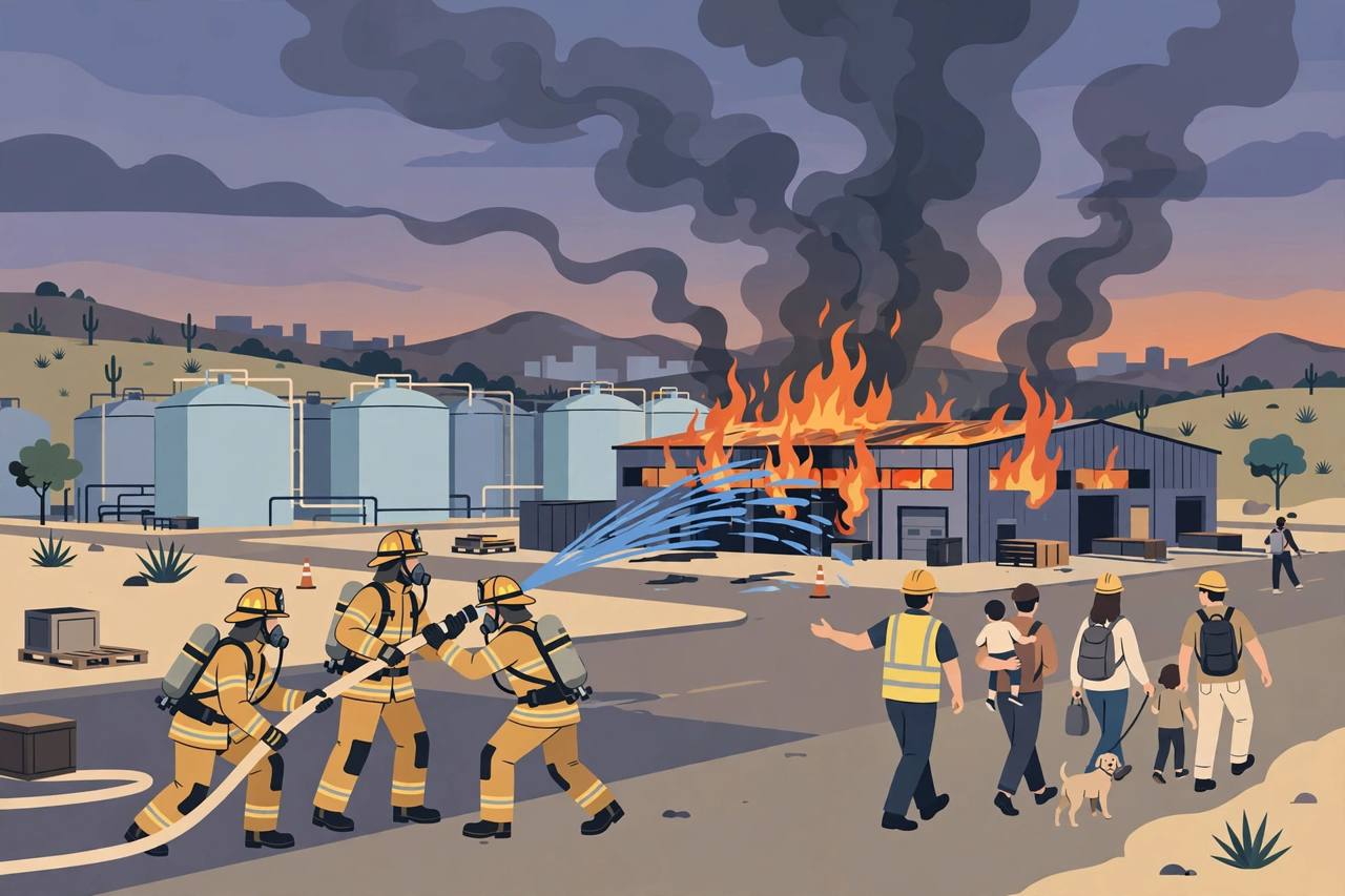 Editorial illustration of firefighters tackling a chemical warehouse fire in Leon, Mexico as residents evacuate