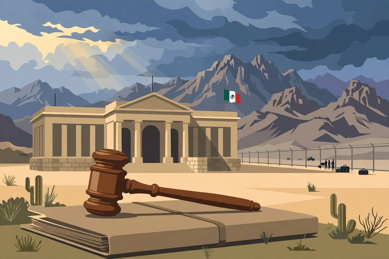 Editorial illustration of a generic courthouse in northern Mexico with mountains, a gavel and a closed government file, flat style, no text, no real person depicted