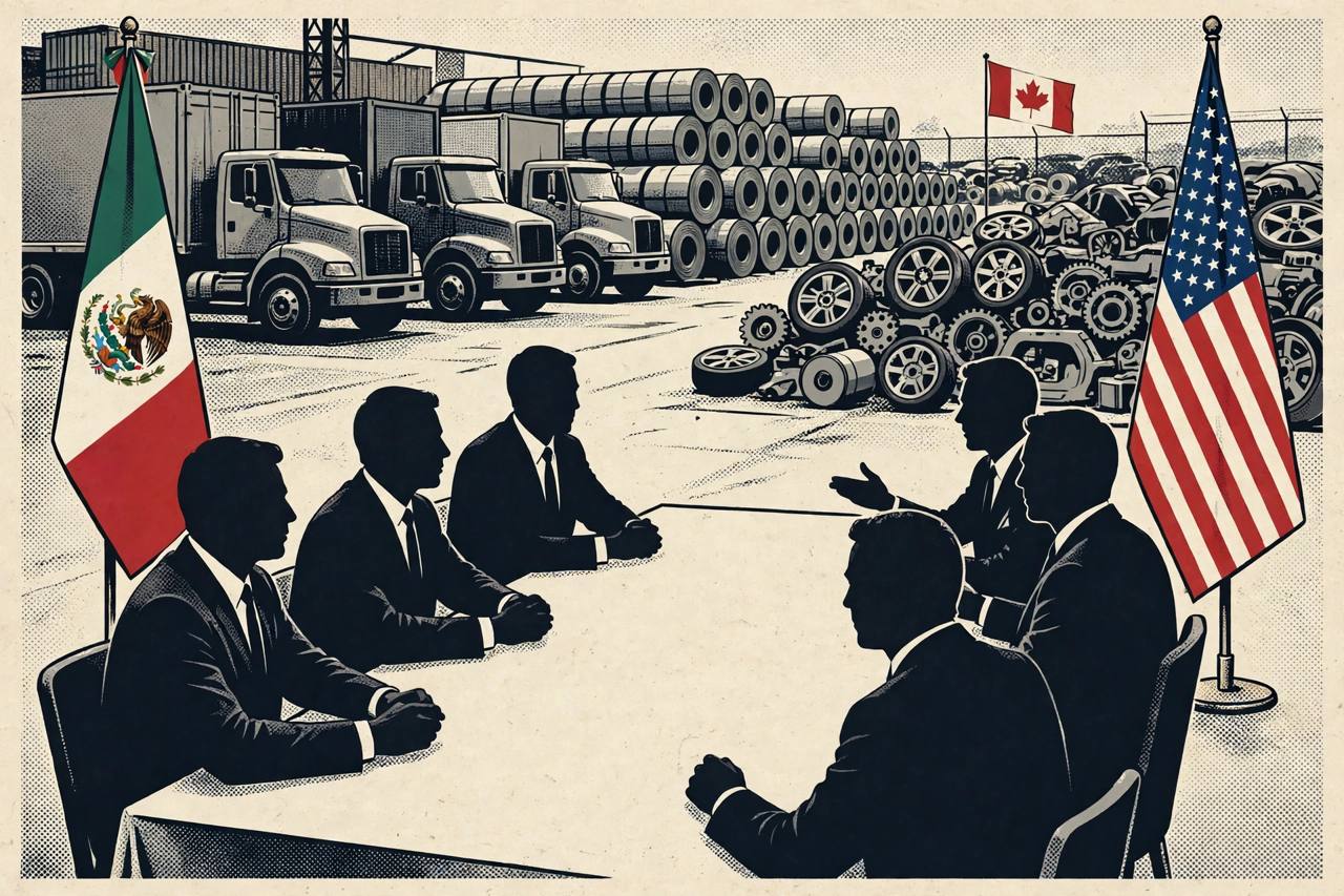 Editorial illustration of a trade negotiation table with generic silhouette delegates, Mexican and United States flags, cargo trucks, steel coils and car parts, and a Canadian flag set aside in the distance, flat style, no real person depicted