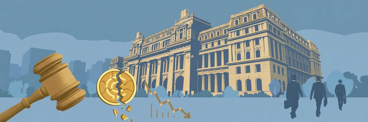 Editorial illustration of a courthouse in Buenos Aires with a cracked generic cryptocurrency coin and a falling chart, generic figures only, no real person's face