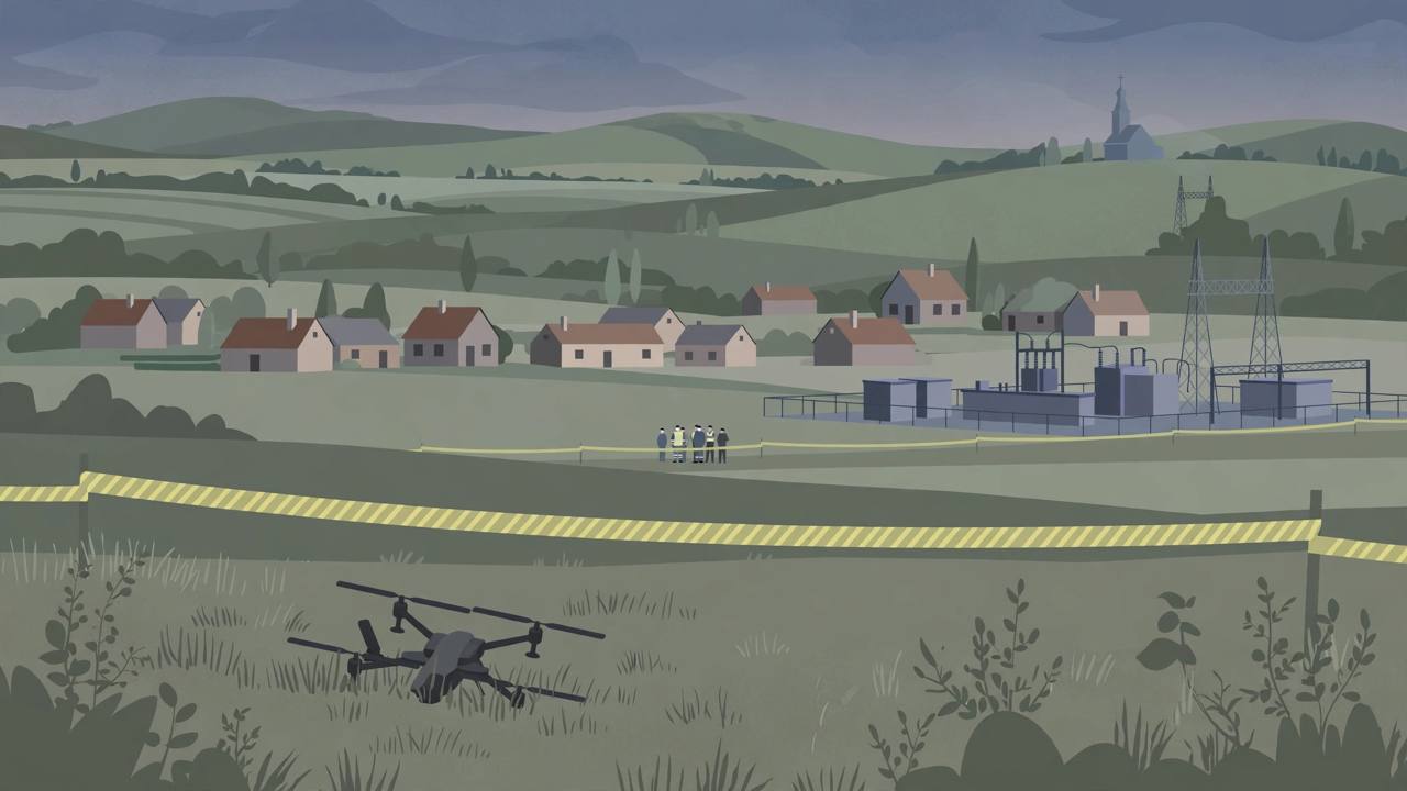 Editorial illustration of a fallen military drone in a field near village homes and an energy facility in rural Moldova, with a police cordon