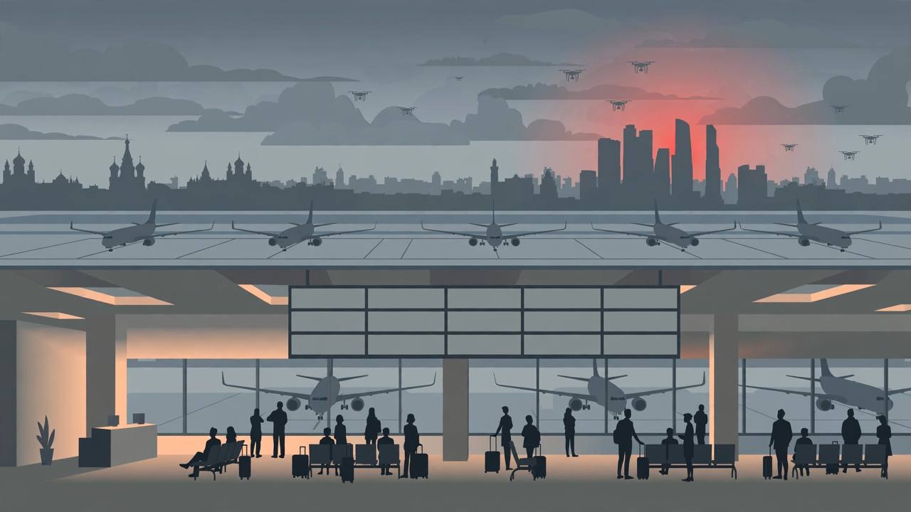Editorial illustration of a city airport terminal at dusk with grounded planes, waiting travellers and small drones in a grey sky — flat style, no real person depicted